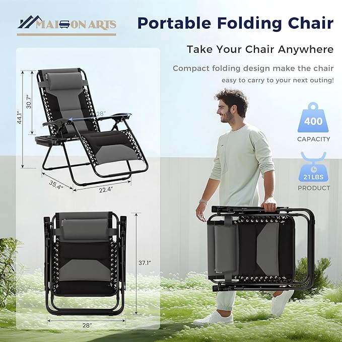 MAISON ARTS Oversized Padded Zero Gravity Chairs Set of 2, Folding Patio Lounge Chair, 28" Wide Seat Anti Gravity Recliners for Lawn Outdoor Camping Poolside Yard, Support 400lbs, Grey & Black