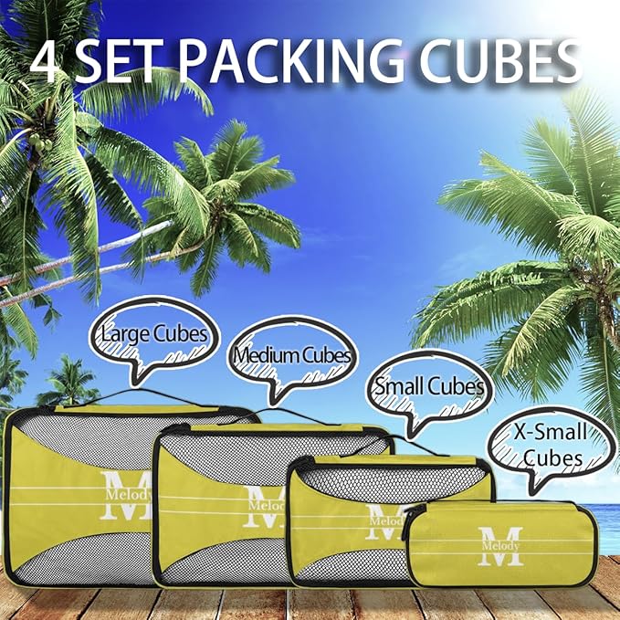 Personalized 4 Set Packing Cubes Luggage Packing Organizers Travel Accessories for Women Girls Men, Lemon Yellow Initial Letter
