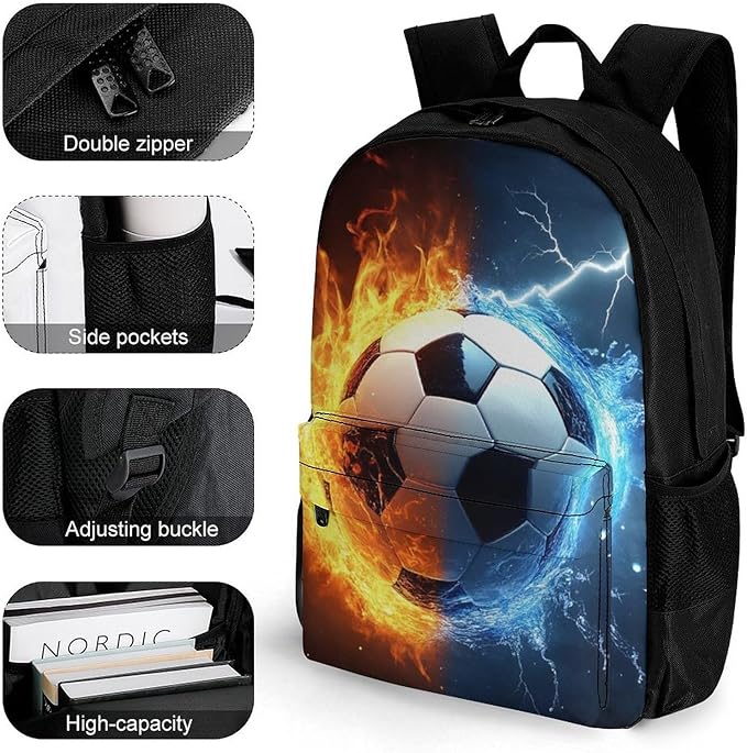 Men Women Polyester Water And Fire Soccer Ball Daypack Backpack Large Capacity Carry On Bag With Smooth Zippers for Hiking Picnic Walking Cycling