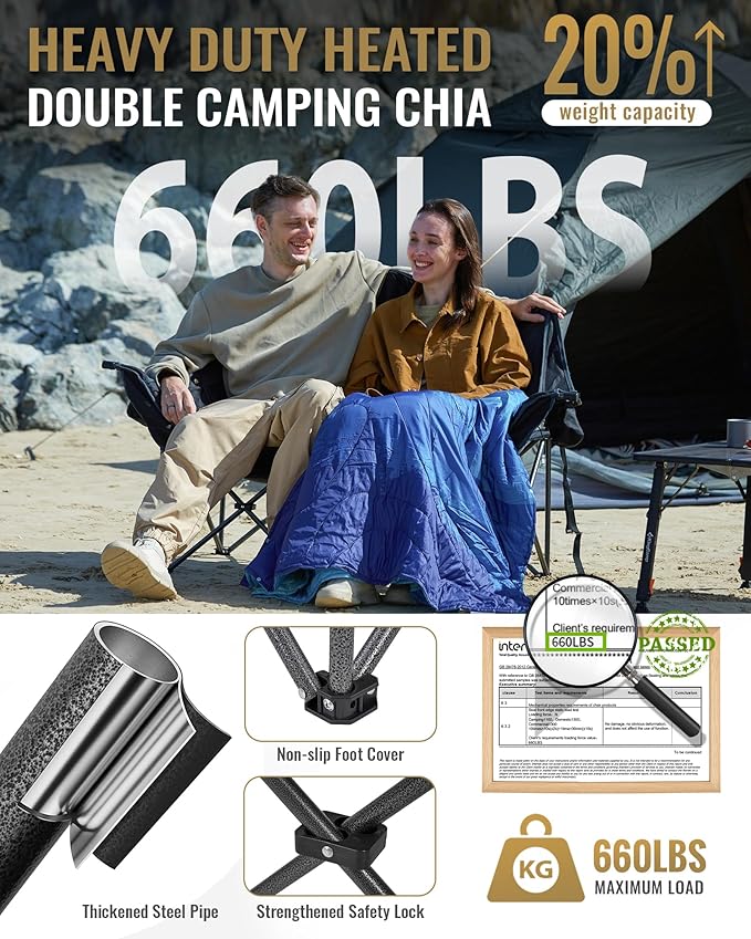 KingCamp Heated Double Camping Chair, Oversized 660lbs Heavy Duty Loveseat for Adults Portable Folding XL 2 Person Couch Padded Comfortable with 3 Heat Levels for Outdoor Sports Lawn, Black/Grey