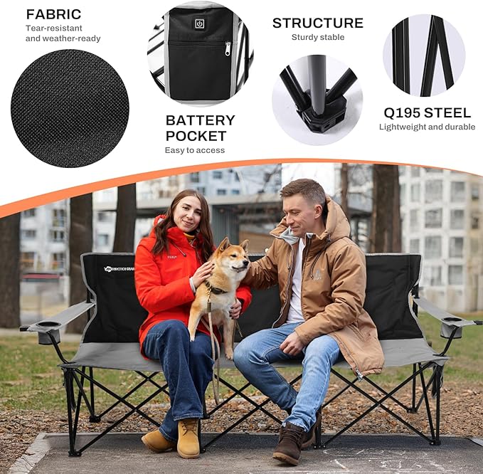 ANTARCTICA GEAR Heated 3-Person Camping Chair with 12V 15000mAh Battery Pack - Heavy-Duty XL Folding Bench for Outdoor, Campsites, Tailgating - Portable Heated Seating with Adjustable Warmth