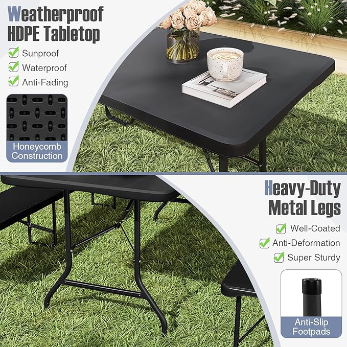 Folding Table, HDPE Portable Table with 6 ft Long Tabletop, Metal Frame Picnic Camping Table with Safe Lock, Collapsible Dining Table for Camping, Picnic, Party (Black, 6 FT)
