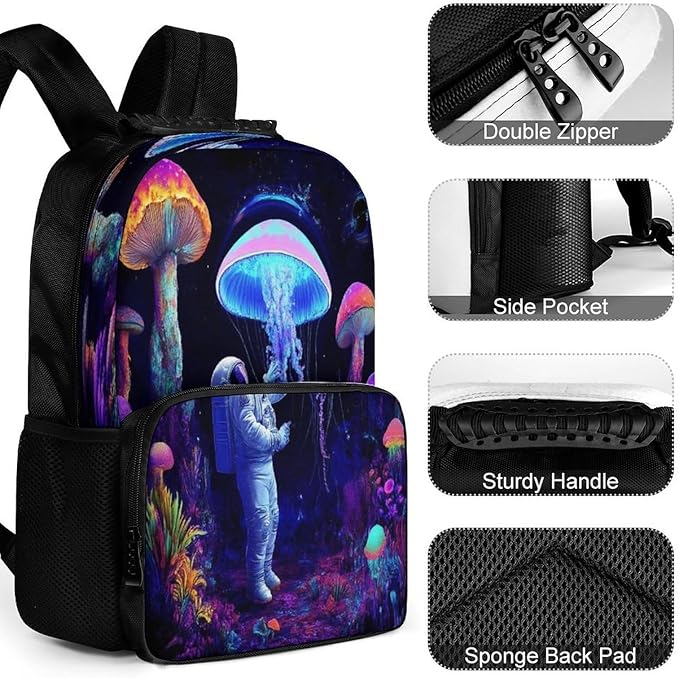 Men Women Polyester Underwater Neon Jellyfish Astronauts Mushroom Art Daypack Backpack Large Capacity Carry On Bag With Smooth Zippers for Hiking Picnic Walking Cycling
