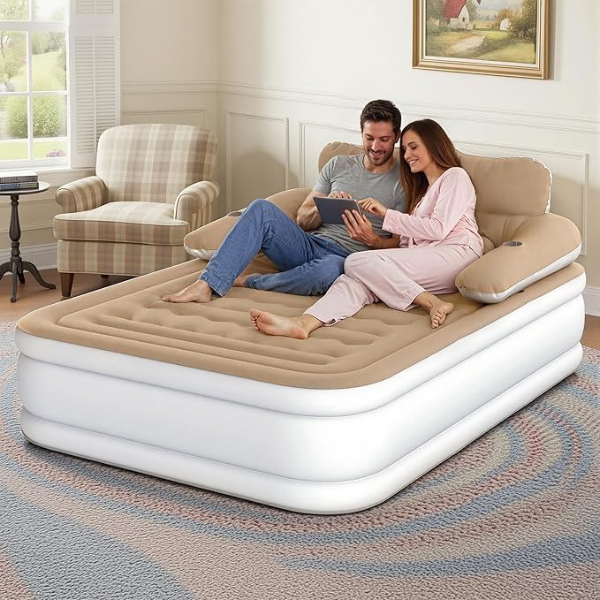 DWVO FullXL Size Air Mattress with Headboard & Cup Holders, Blow Up Bed with Built-in Pump & Carry Bag, Fast Inflation Air Bed for Home, Guests & Camping, 80" x 53" x 18", Brown