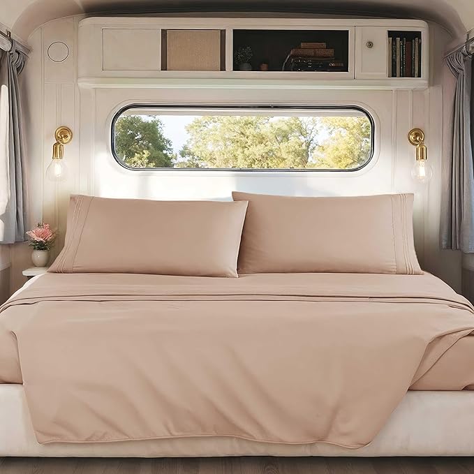 Hearth & Harbor Short Queen Sheets for RV, Khaki RV Queen Sheets, Silky Soft 1800 Microfiber Bed Sheet for Camper, 4 Piece RV Bedding with Pillowcases