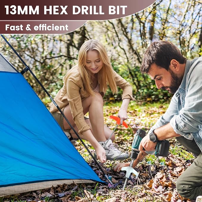 12 Pack Tent Stakes, 8" Ground Anchors Screw Drill in Heavy Duty Ground Pegs Camping Stakes Tent Pegs with Hex Head Driver, Spikes Puller, 4x10ft Rope and Storage Box