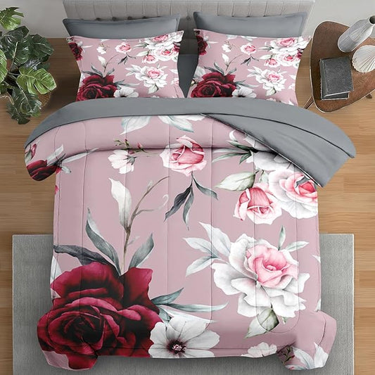 Comforter Set Twin Size, Rose Flower Leaves 5 Pcs Bedding for Kids and Adults, Painting Floral Vintage Bed Sheet Sets with Fitted Sheet Pillowcase & Sham for Bedroom Bed Decor
