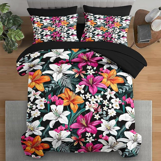 Comforter Set Queen Size, Tropical Leaves Flower 7 Pcs Bedding for Kids and Adults, Floral Hawaii Hibiscus Bed Sheet Sets with Fitted Sheet 2 Pillowcases & 2 Shams for Bedroom Bed Decor