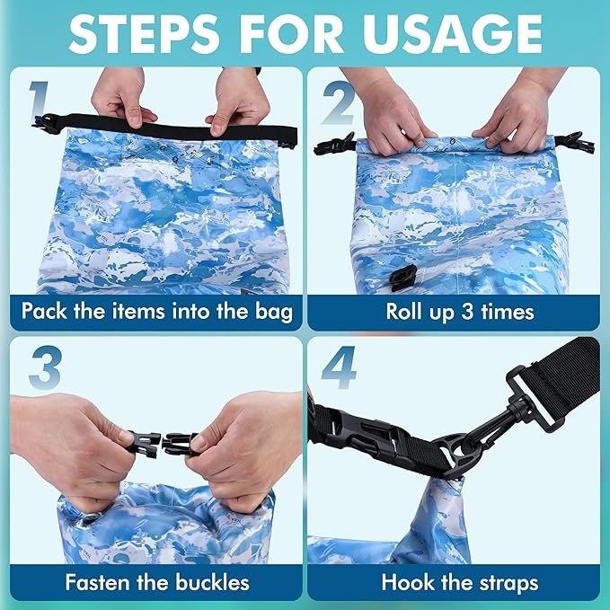 VILLEY Dry Bag Waterproof 10L Roll Top Storage Backpack, Keeps Gear Dry Lightweight Backpack for Kayaking Boating Camping Swimming and Beach Accessories Blue Camo