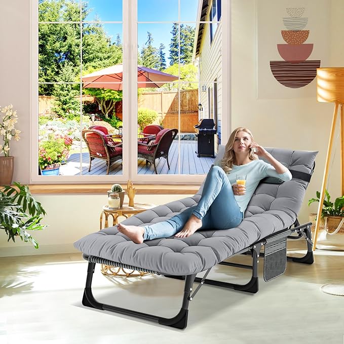 ABORON 3-in-1 Folding Patio Lounge Chair, 440LB Heavy-Duty Tri-Fold Guest Bed with Plush Cotton Cushion, No Assembly Adjustable Recliner for Office Nap, Patio Sunbathing, Poolside & Camping
