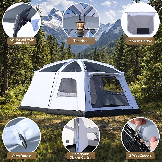 4-6 Person Camping Tent, Large Family Cabin Tents with Porch & Rainfly, Double Layer Waterproof Glamping Tent with 2 Rooms 2 Doors, Portable Big Tents for Outdoor Camping Hiking Party
