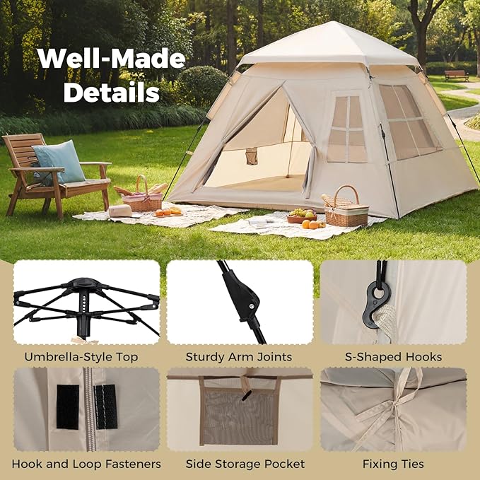Tangkula 4 Person Camping Tent, Instant Pop-Up Cabin Tent with Removable Rainfly, Mesh Windows & Dual Doors, Carrying Bag, Portable Outdoor Family Shelter for Picnic, Backpacking, Traveling