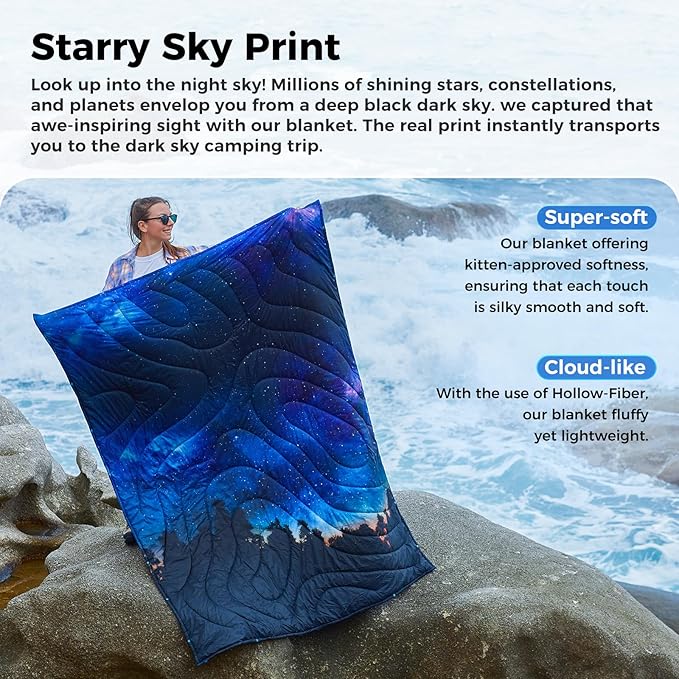 KingCamp Ultralight Camping Blanket, Packable Down Alternative Puffy Printed Wearable Blanket with Snap Buttons & Corner Loops Weatherproof Quilt for Outdoor Travel Stadium (79"L x 57"W, STARRYSKY)