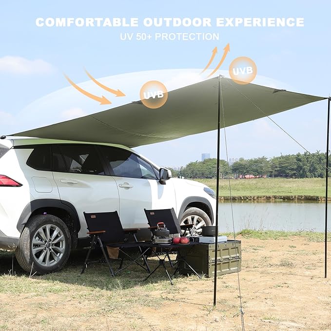 Portable Car Awning for SUV, Vehicle Awning for Camping Van Truck, Needn't Roof Rack Hardwares Waterproof UV50+ Army Green 10 x 6.56 ft