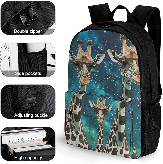 Supdreamc Men Women Polyester Giraffes With Sunglass Space Art Daypack Big Capacity Shoulder Bag With Adjustable Shoulder Straps for Camping Travel Walking Cycling