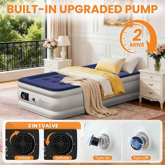 Twin Air Mattress with Built-in Pump, 18 Raised Inflatable Air Mattress, 500 lbs Max Honeycomb Comfortable Air Bed with Storage Bag, for Camping, Home and Guest Use