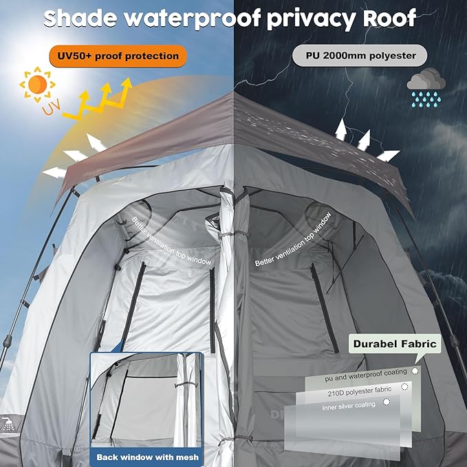 Camping Shower Tent Deluxe Changing Room Easy Set Up Privacy Shelter,Large Toilet Tent with Floor Drain Design for Beach, Camping,Hiking with Stakes and Ropes for Stability