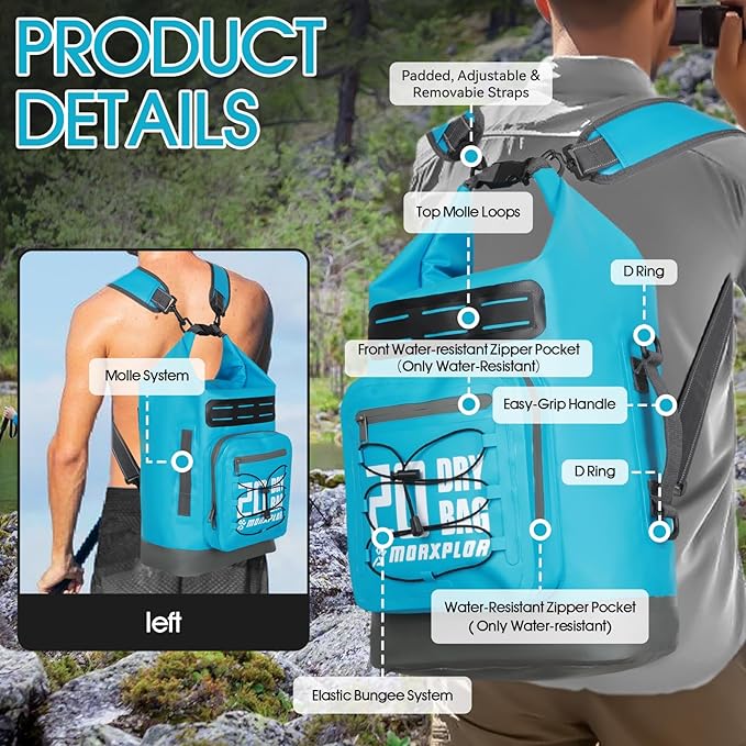 Dry Bag Waterproof,5L/10L/20L/30L Roll Top Dry Bag Backpack with WaterProof Phone Case for Swim,Kayak(Sky Blue 20L)