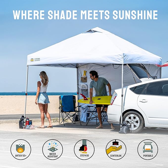 CROWN SHADES Canopy Tent 10x10 Pop Up Canopy Outdoor Shade with Pockets Sidewall, Easy Up Sun Shelter with One Person Set Up Center Lock, Portable Instant Camping Beach Canopy Tents, White