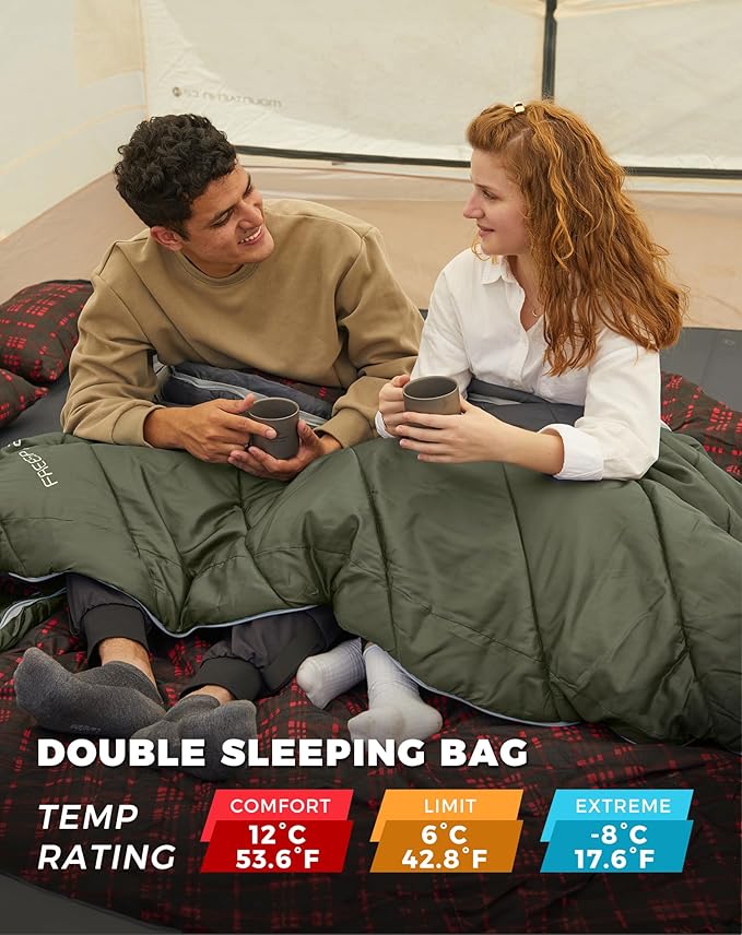 KingCamp Double Sleeping Bag for Adults, Queen Size 2 Person XXL Flannel Sleeping Bag, Waterproof Lightweight Flannel Quilt with 2 Pillows, Perfect for Couples Family Camping Hiking