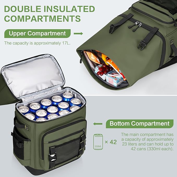 Insulated Cooler Backpack, 40L Expandable Leakproof Waterproof, Dual Compartments (23L+17L) with Expandable Upper Section, Portable for Beach Camping Picnic Travel