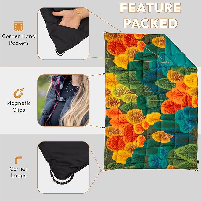 Versatile Packable Outdoor Camping Blanket, Puffy Blanket, Primaloft® Insulation, Warm, Durable, Lightweight, Waterproof, Oversize, Beach, Stadium, and More! 55"x80" (Tony Grove)
