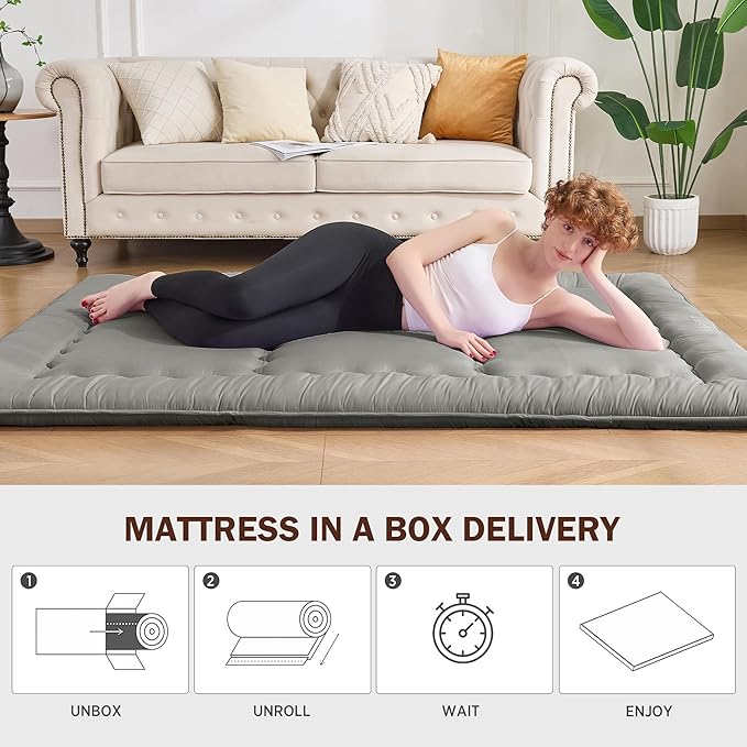 Japanese Floor Futon Mattress Full Size, 4" Thicken Foldable Mattress Tatami Mat Sleeping Pad, 25D Foam Filled Traditional Shiki Futon (shikibuton), Designed in Japan (Dark Grey 54"x 80")