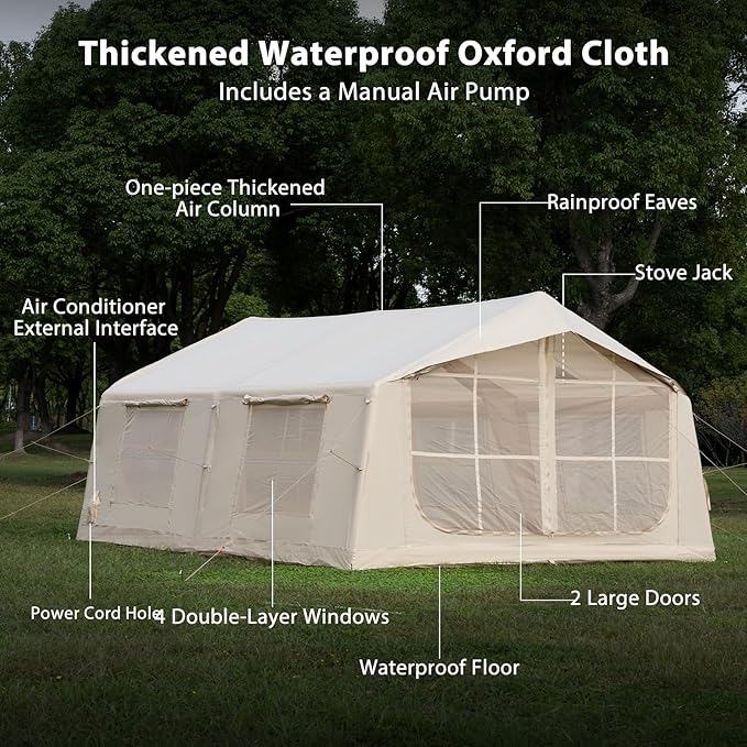 Inflatable Camping Tent with Hand Pump Waterproof Outdoor Blow up Tent 2-8 Person Oxford 4 Season Glamping Air Tent Cabin House with Mesh Windows & Door