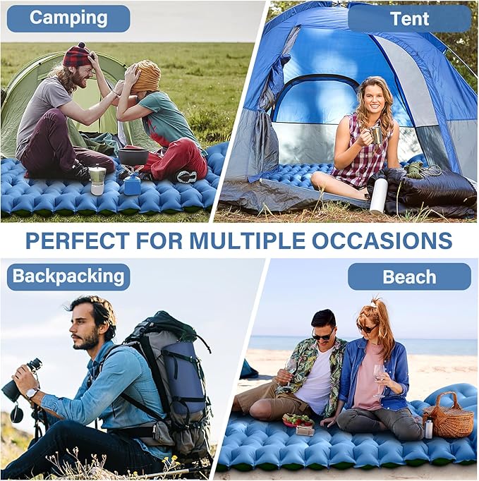 Double Camping Sleeping Pad with Built-in Foot Pump and Pillows – Ultralight Inflatable Sleeping Mat for 2 Person, Compact Air Mattress for Backpacking Hiking Tent Camping, Portable Outdoor