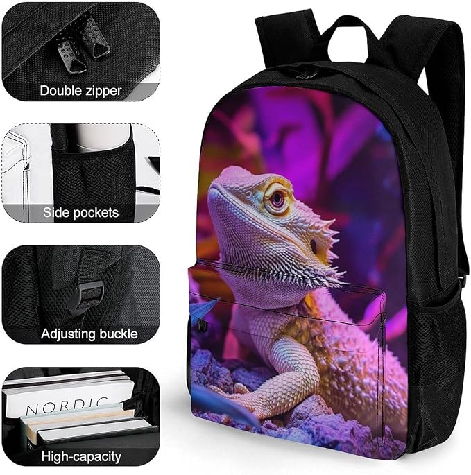 Daypack Backpack Multipurpose Anti-Theft Large Capacity Bookbag, Purple Art Cool Bearded Dragon Lizards Travel Hiking Camping Rucksack With Adjustable Shoulder Straps