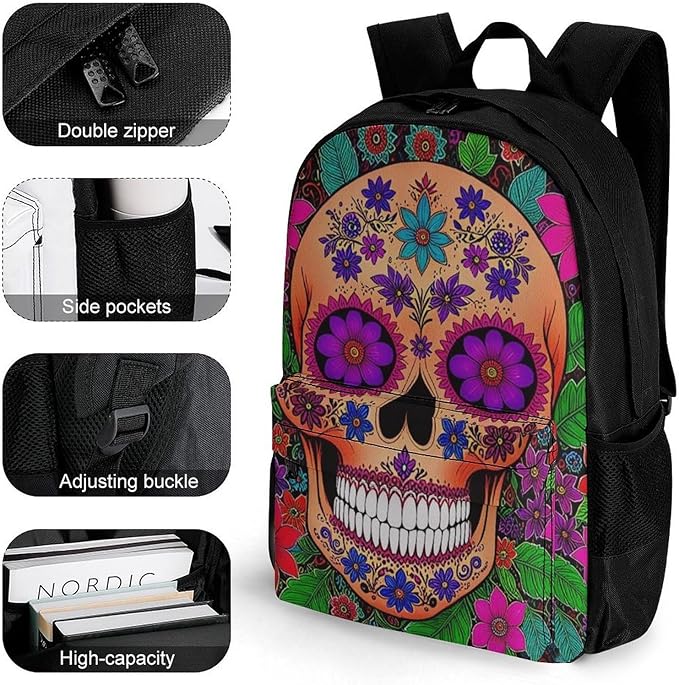 Supdreamc Daypack Backpack Anti-Theft Multipurpose Big Capacity Bookbag, Grunge Mexican Sugar Skulls Day Of The Dead Flowers Art Business Computer Bag With Side Pockets