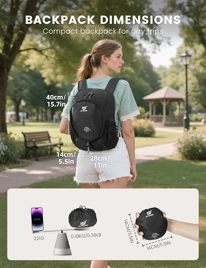 SKYSPER 15L Lightweight Small Hiking Backpack for Women Men, Foldable Travel Daypack, Packable Camping Backpack, Mini Outdoor Hiking Bag (Black)