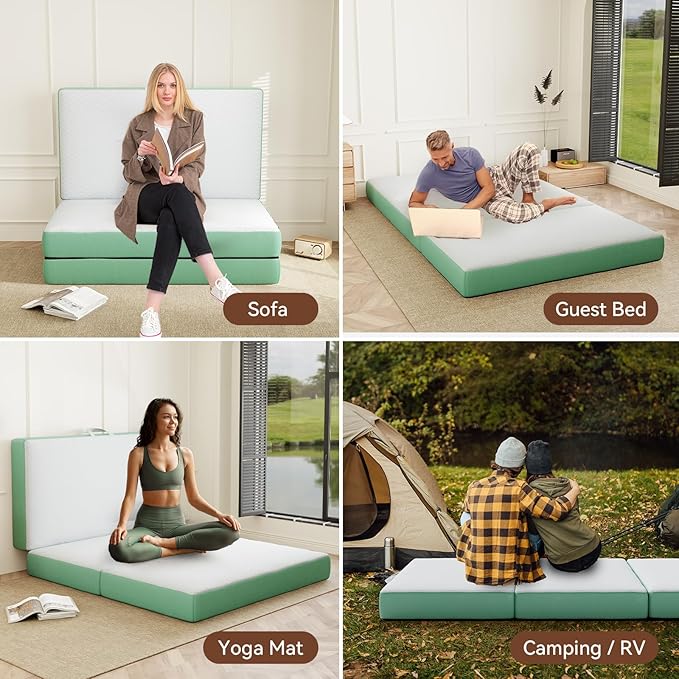 Memory Foam Trifold Mattress, Full Portable Floor Bed 4 Inch, Foldable Mat with Washable Cover, Handle & Non-Slip Bottom, for RV, Travel, Camping, Yoga, 73"x52"x4", White Green