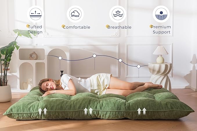 MAXYOYO Floor Mattress Full Size, 6" Chenille Japanese Futon Mattress Foldable Floor Bed for Adults Tufted Roll Up Floor Couch Bed, Tatami Mat Sleeping Pad for Living Room, Bedroom, Green