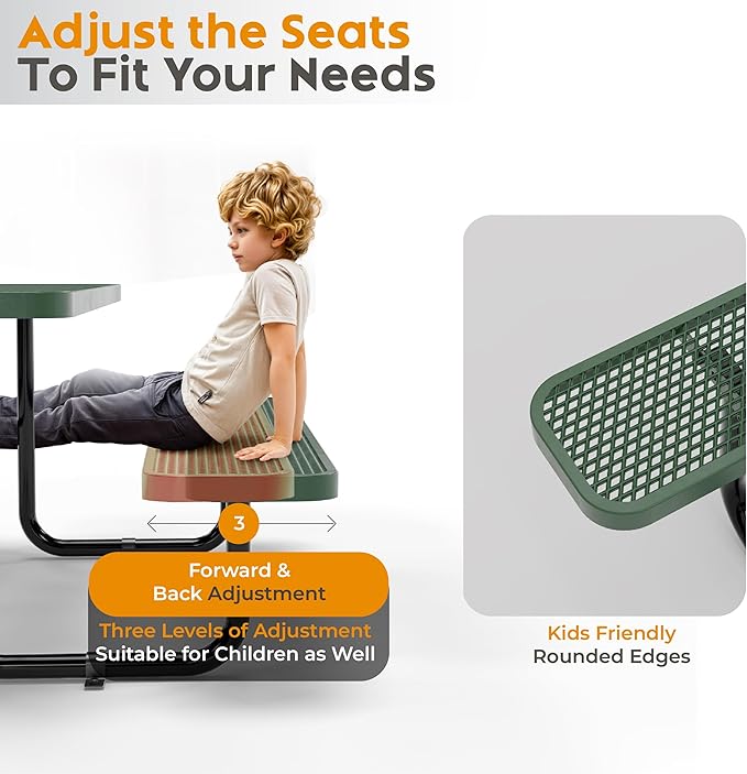 Metal Picnic Furniture for Outdoors with Umbrella Hole - Coated Steel Heavy Duty Commercial Grade Table with Adjustable Seats, Patio Set for a Lifetime (Green, 4' Rectangular)