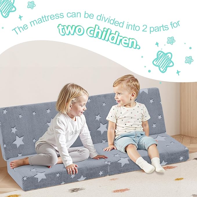 MeMoreCool Kids Folding Mattress, Trifold Mat Foldable Floor Mattress for Kids, 63x26 Portable Floor Mat with Washable Cover and Carry Bag, 4 Inch Foam Medium Firmness, Grey Star