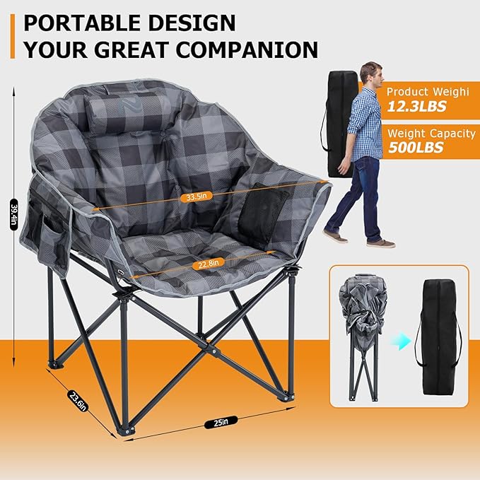LILYPELLE Oversized Heated Camping Chair, Patio Lounge Chairs with 3 Heat Levels, Portable Folding Heated Chair Round Moon Saucer Folding Lawn Chair Outdoor Chair for Camping, Lounge Patio