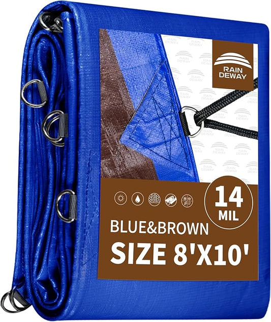 RAINDEWAY Tarp 8x10 Feet Heavy Duty Tarps 14 Mils with Metal Rings and Reinforced Corners and Edges,Waterproof,UV Resistant, Multipurpose Poly Tarp,Blue/Brown tarp