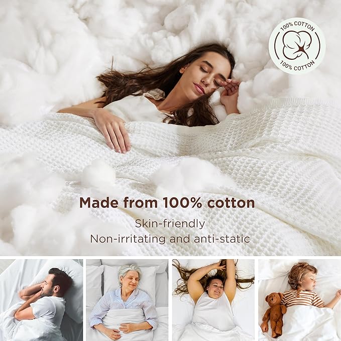 Bedsure 100% Cotton Blankets Queen Size for Bed - Waffle Weave Blankets for All Seasons, Cozy and Soft Woven Blankets, Lightweight Fall Blankets, White, 90x90 Inches