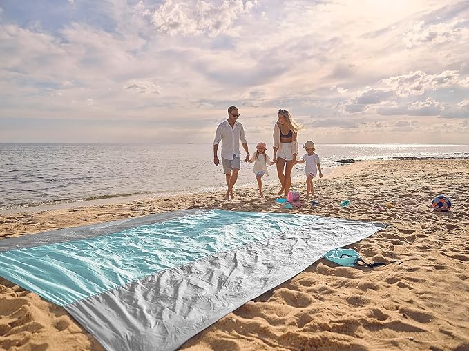 WEKAPO Beach Blanket Sandproof Waterproof, Extra Large Beach Mat, Oversized & Compact Sand Free Mat Quick Drying, Lightweight & Durable with Stakes & Corner Pockets