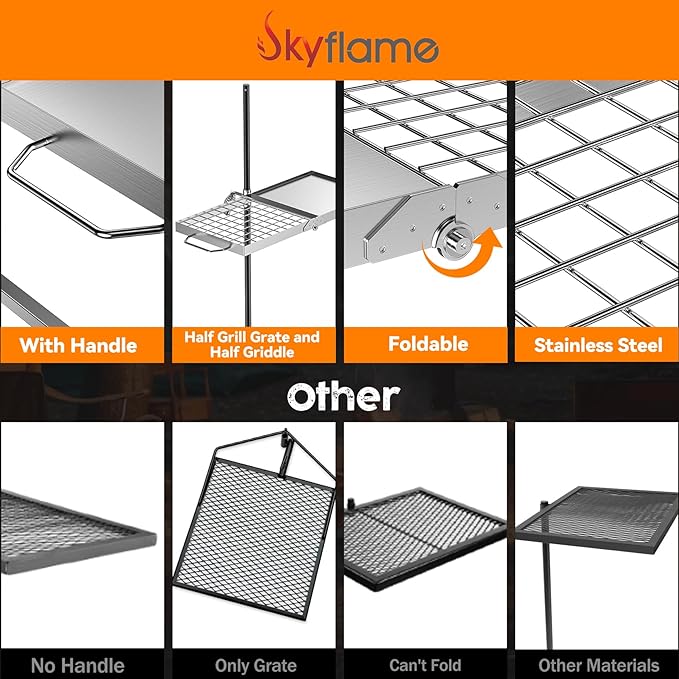 Skyflame Folding Campfire Grill Grate, Stainless Steel Swivel Camping Grill Grate and Griddle with Carrying Bag, Portable Outdoor Cooking Equipment for Open Flame Fire Pit, Backpacking, Camping