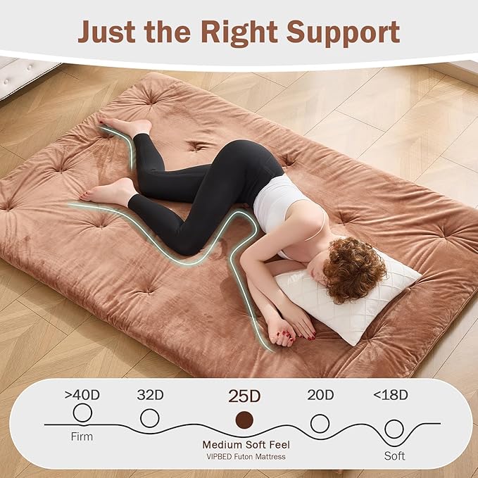Japanese Floor Futon Mattress Twin Size 38"x 80", 2.5'' Thick Foldable Roll Up Floor Bed Sleeping Pad, 25D Foam Filled Tatami Mat with Straps for Guest Room, Dormitory & Camping, Chestnut Brown