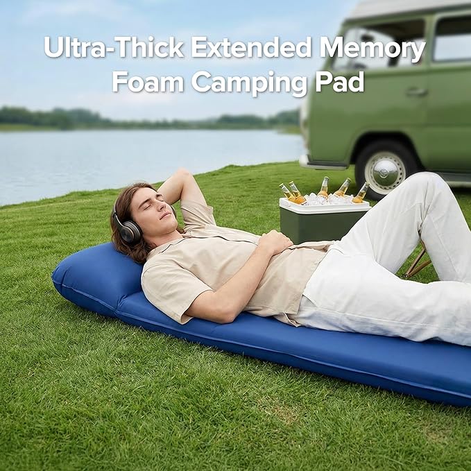 Memory Sleeping Pad, 3.1" Ultra-Thick Outdoor Foam Camping Sleeping Mat with Pillow, Easy Inflate & Deflate, 9.5 R-Value, Waterproof 4-Season Camping Mat for Backpacking Hiking Tent Car (Dark Blue)