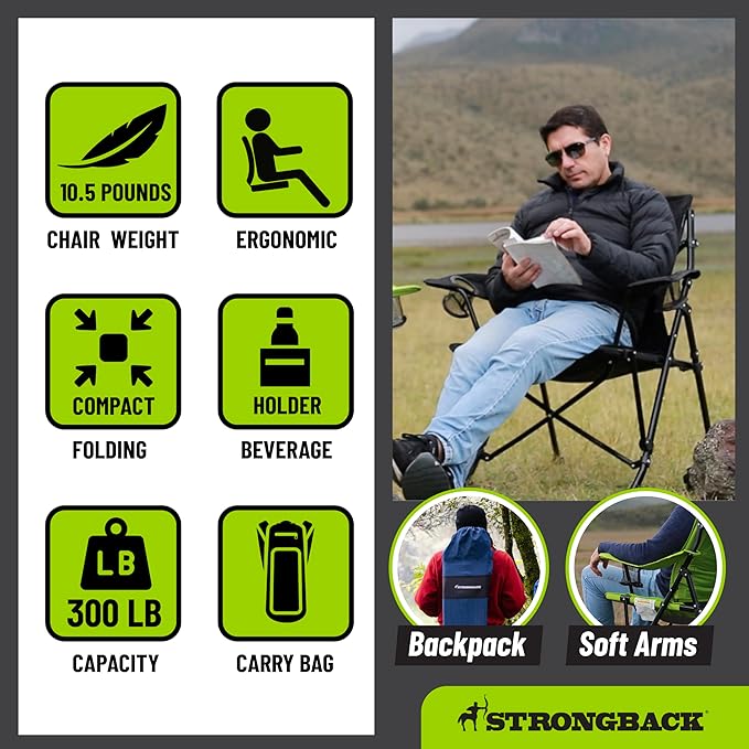 STRONGBACK Camping Chair Guru Heavy Duty Camping Chairs with Lumbar Support - Backpack Folding Camp Chair - Lime Green