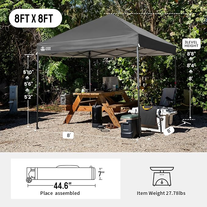 CROWN SHADES 8x8 Pop Up Canopy - Patented Center Lock One Push Instant Outdoor Canopy Beach Tent with STO-N-Go Bag 8 Stakes & 4 Sand Bags，Grid Grey