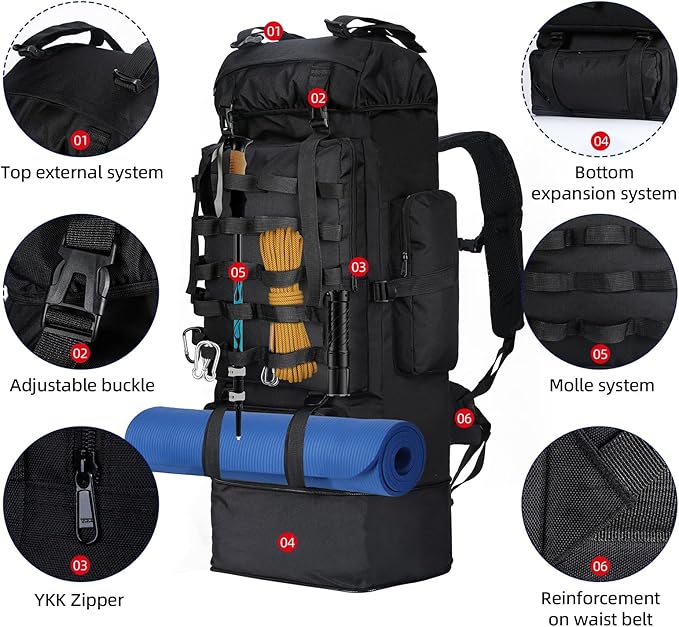 70L/100L Camping Hiking Backpack with Rain Cover, Expandable Large Military Tactical Backpack, Waterproof Molle Racksack Travel Backpacking Daypack for Climbing Trekking (Black)