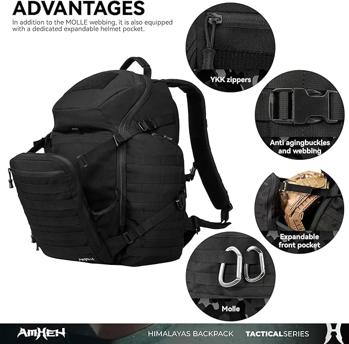 52L Tactical Backpack - 1050D 72 Hour Bug Out, 17" Laptop Compartment, Helmet Pocket and MOLLE for Survival Emergency (Black)