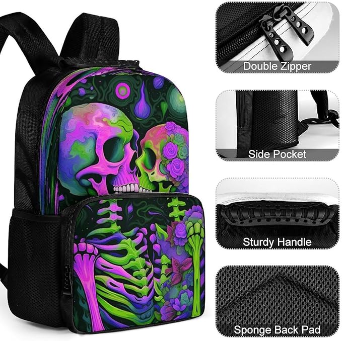 Lightweight Daypack Backpack for Sports Travel Running, Large Capacity Multipurpose Anti-Theft Bookbag, Skeleton Love Kiss Colorful Art Laptop Backpack Daypack