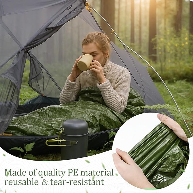 Mixweer 12 Pcs Emergency Sleeping Bag Portable Survival Thermal Bivy Sack Lightweight Emergency Shelter for Homeless People Waterproof Bivy Bag for Camping Hiking Adventure Outdoor, Green