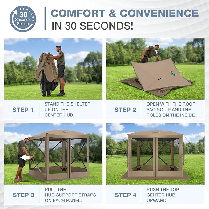 COBIZI Pop Up Gazebo Screen Tent Screen House for Camping, 6FTx6FT Screen Room with Mosquito Netting, Hub Tent Instant Screened Canopy with Carrying Bag and Ground Stakes, Khaki